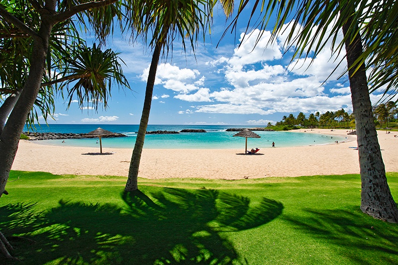 The crystal clear and calm lagoon on the private beach.