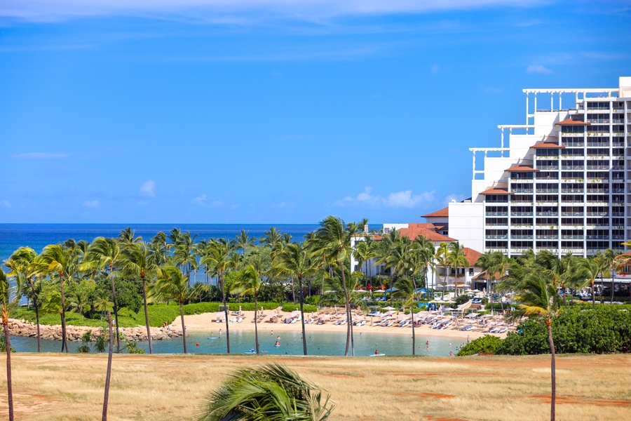 The beach and city skyline.
