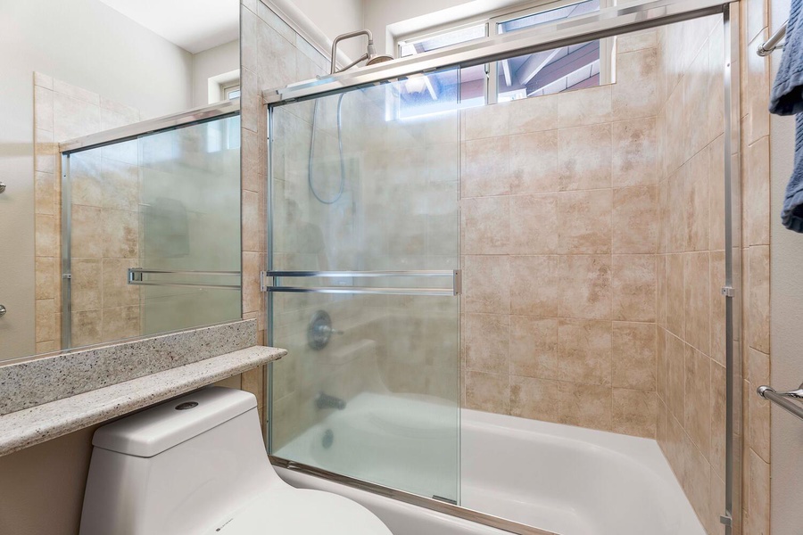 The guest bath has shower/tub combo.