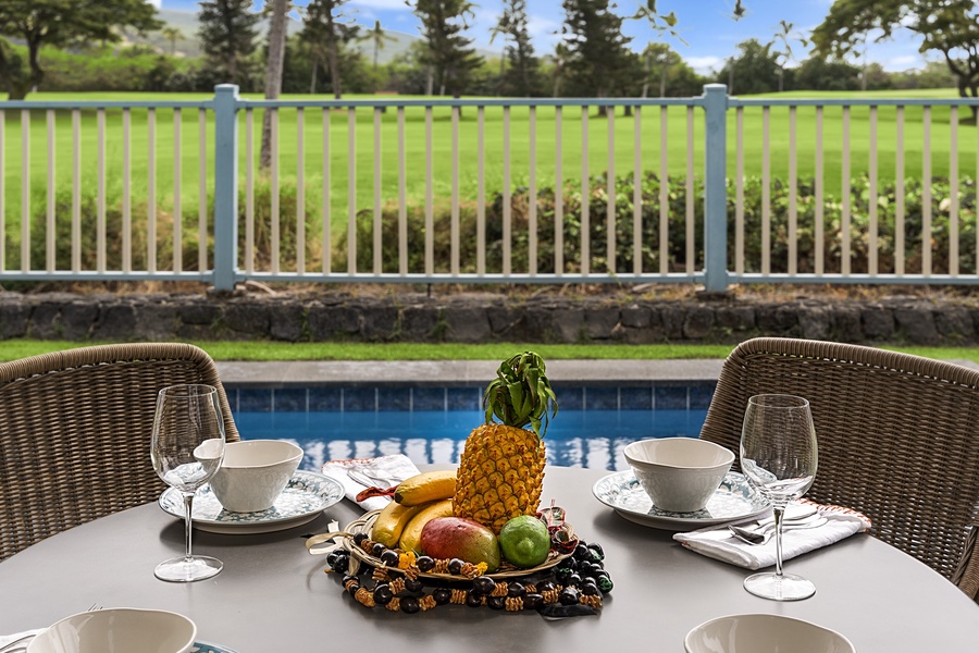 Enjoy the Golf and Pool View while sipping a coffee