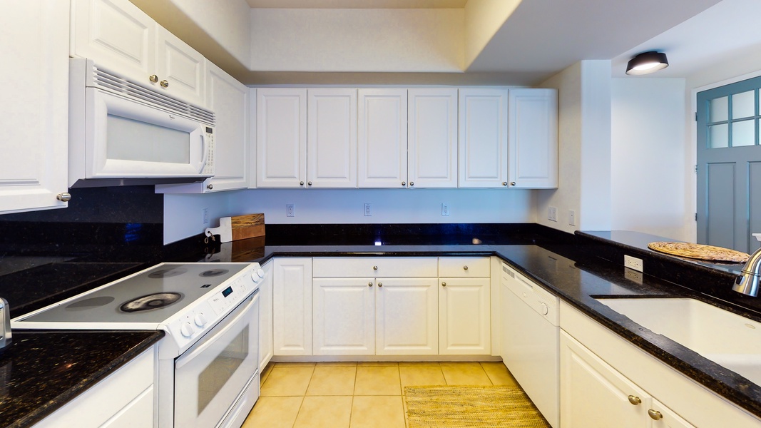 The spacious kitchen opens up in to the living and dining areas.