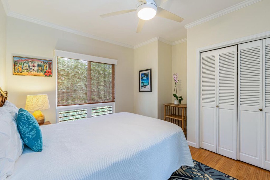 The guest bedroom with a large closet, a queen-sized bed and views of the backyard
