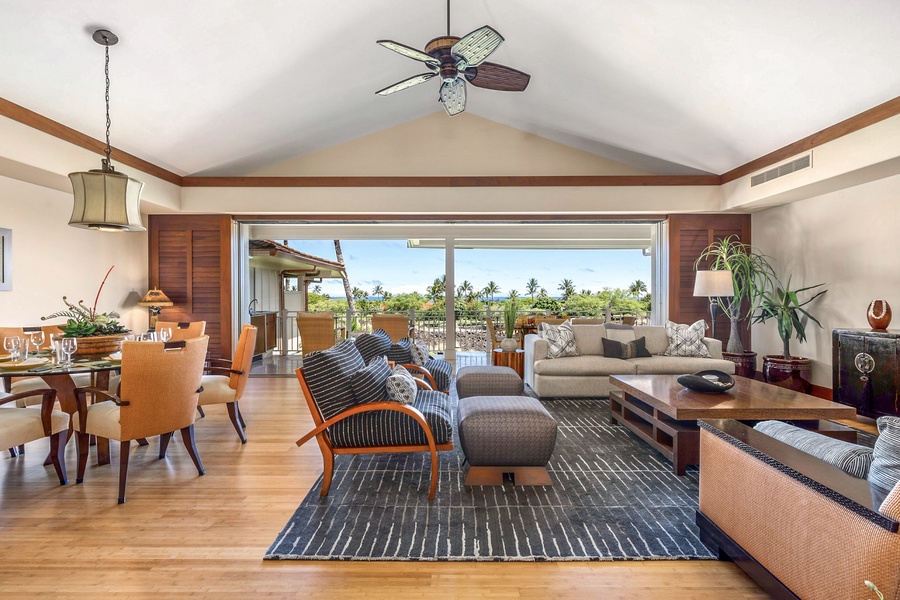 Elegantly designed spacious great room with vaulted ceilings and ocean views.