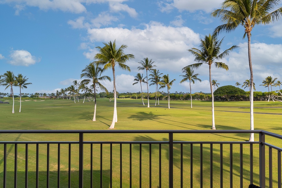 Start your mornings with swaying palm trees and tranquil golf course views from the lanai at Fairways Villa 104A.