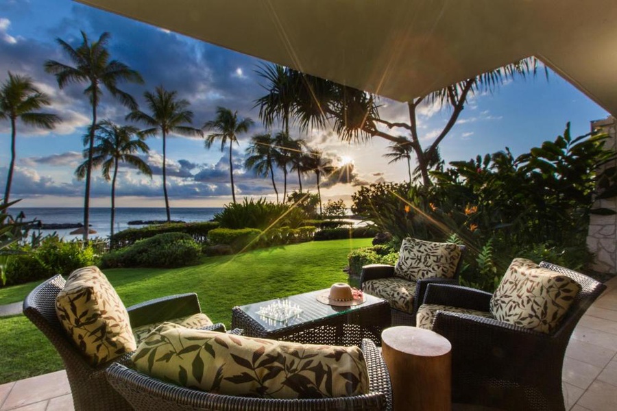Private oceanfront lanai at your Ko Olina Beach Villa B109 for perfect sunsets.