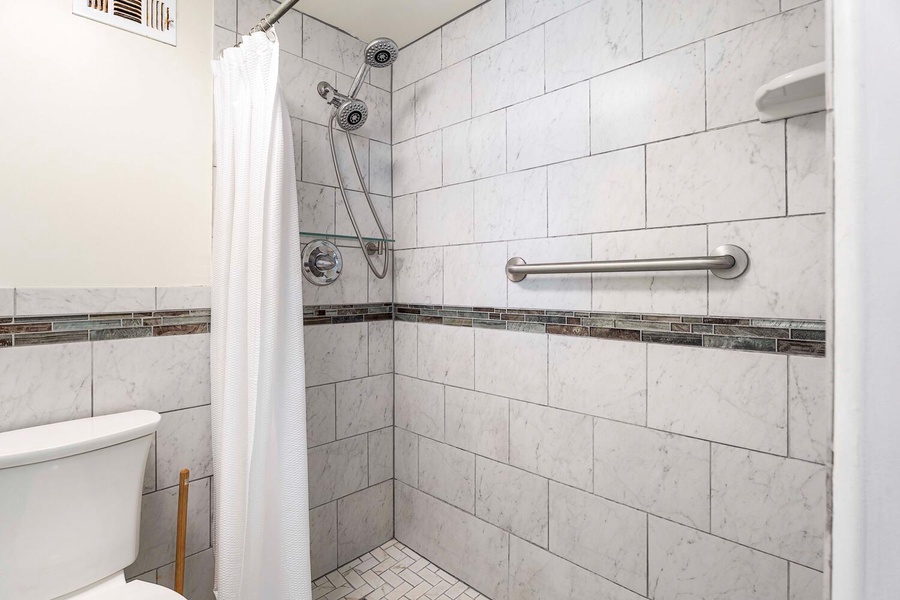 With a walk-in shower