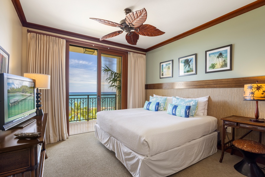 Wake up to stunning ocean views from your comfortable bed, where tropical breezes flow through your private lanai doors.