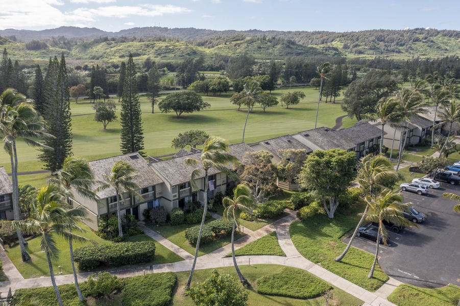 View of the condos and the adjacent Champion Turtle Bay golf course