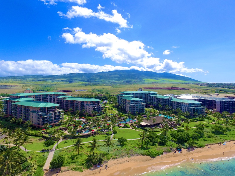 An aerial view showcasing the stunning beachfront location of the resort.