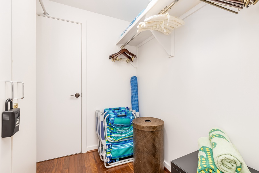 Your private closet provides ample storage with hangers, shelving, and space for all your vacation essentials.