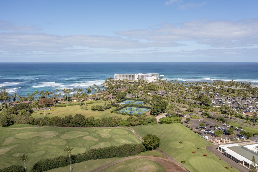 Aerial view of the Turtle Bay Resort; Kuilima Condos are adjacent to the Resort Golf Course