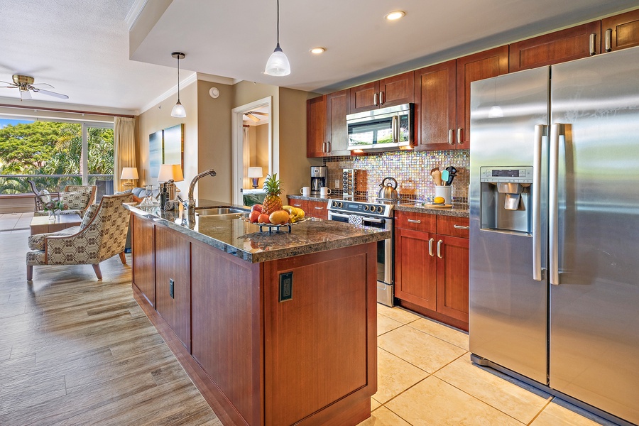 Prepare your favorite meals in this fully-equipped kitchen, featuring Bosch-made stainless steel appliances.