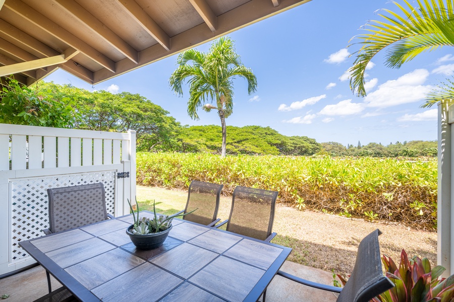 The tranquil backyard where you can dine al fresco on the lanai.