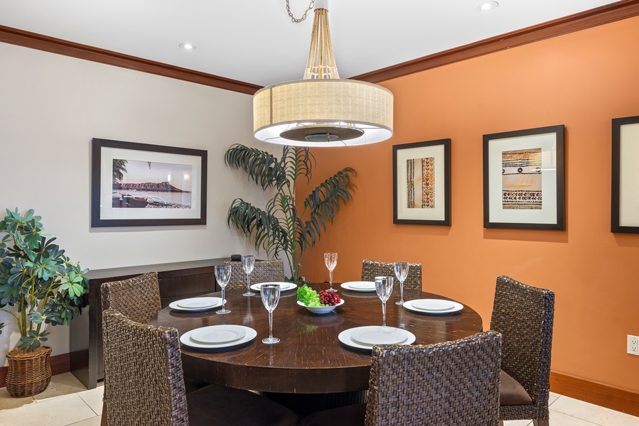 A chic dining area with table for six.