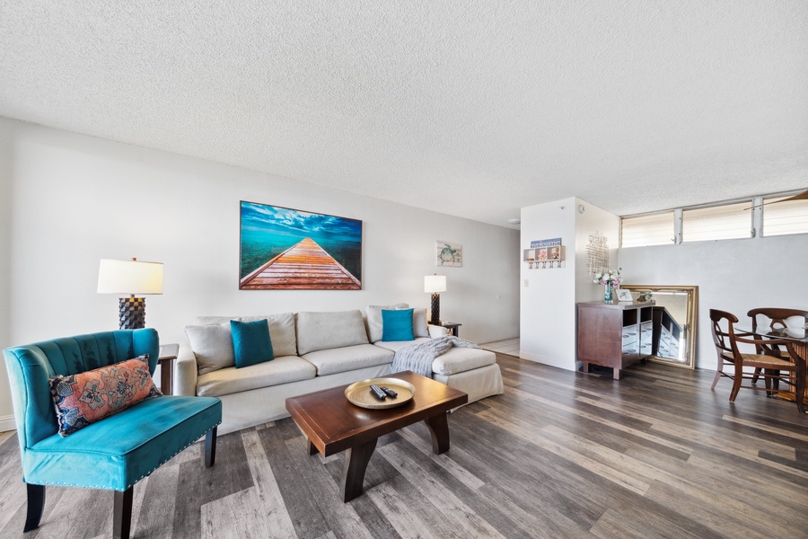 The living room at Royal Kahana 308 offers plush seating and a relaxed island vibe.