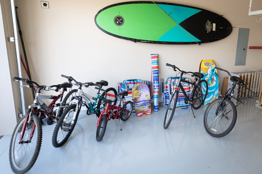 The home also comes equipped with a stand-up paddleboard, beach chairs and a beach cart, bicycles, and strollers