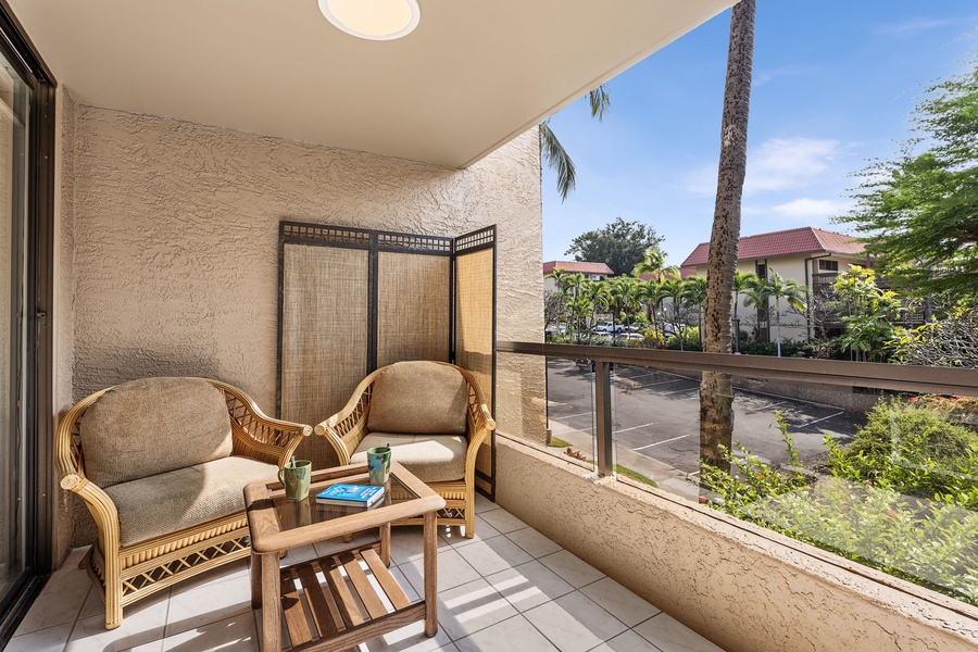 Cozy patio seating area for relaxing with a book or morning coffee.