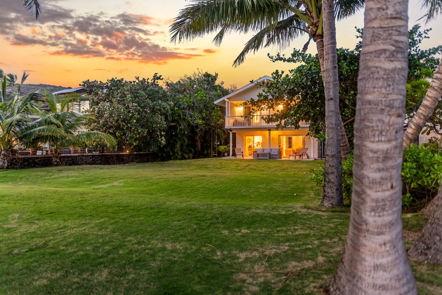 Warm sunset light frames the home and towering palms perfectly.