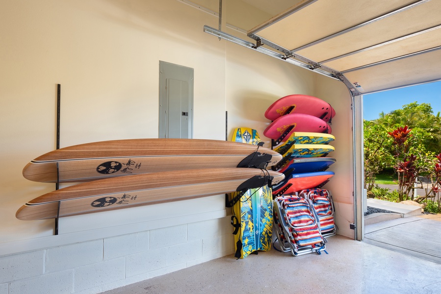 Garage with colorful surfboards, perfect for beach adventures.