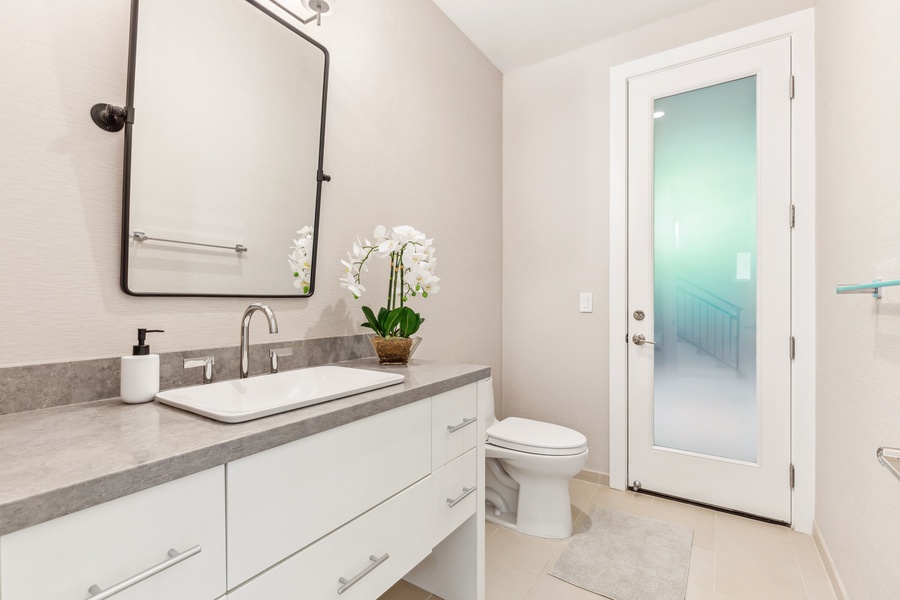 Guest bathroom with a bold black-and-white design and contemporary finishes.