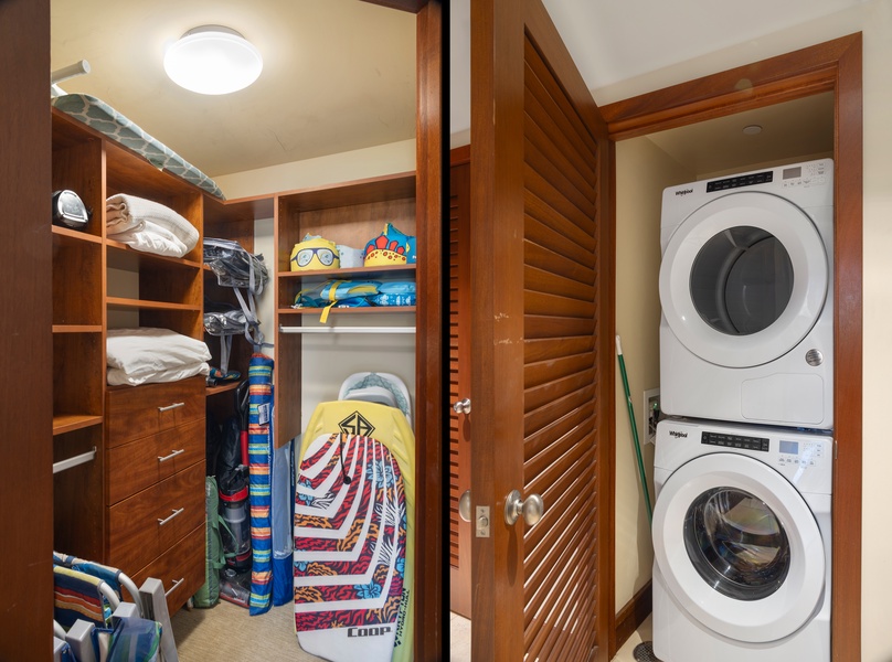 Store your belongings easily in your spacious walk-in closet with custom shelving and convenient in-unit laundry.