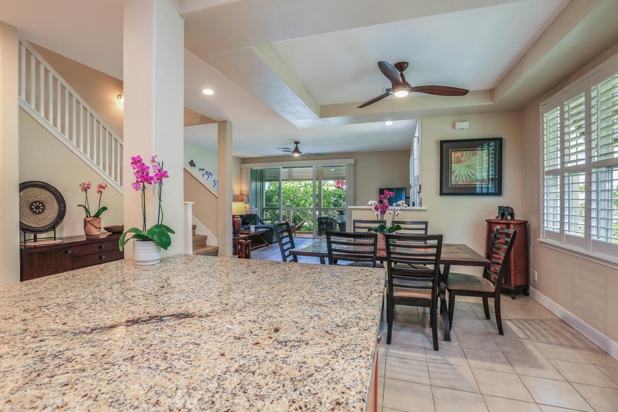 Seamless flow and connection from the kitchen, dining and living areas.