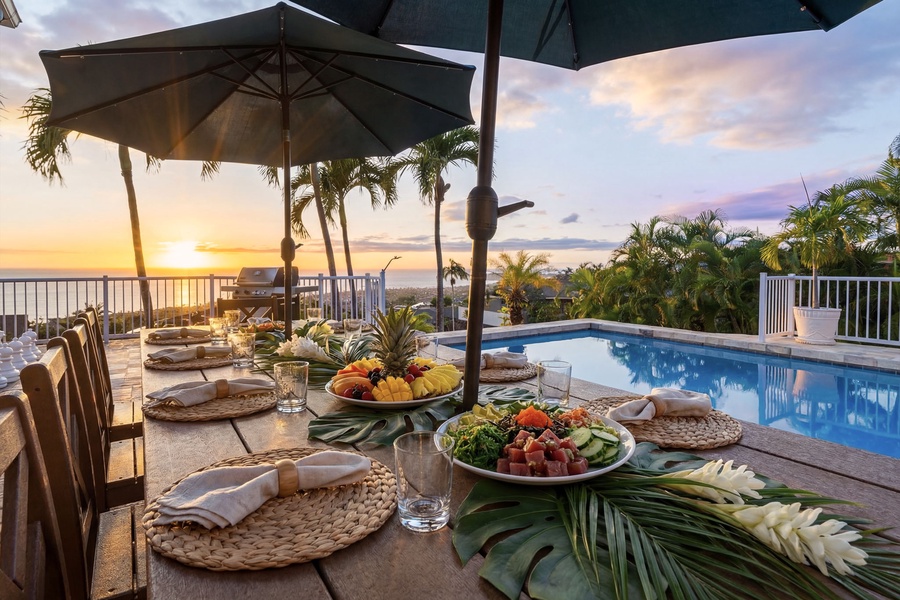 Dine poolside as golden sunset paints the sky, with tropical palms swaying and fresh fruits awaiting your evening feast.