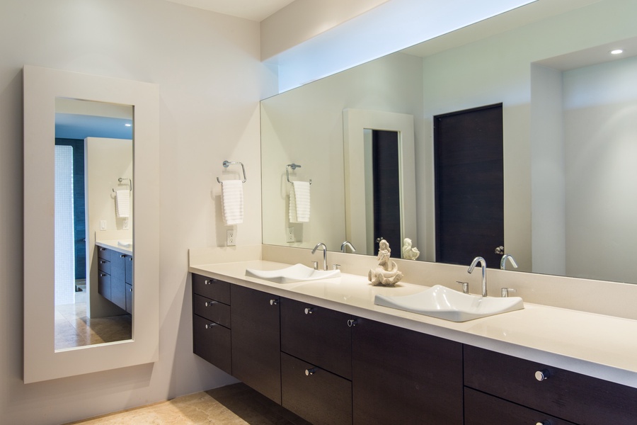 Primary bath features double sinks and a large walk-in closet on the left.