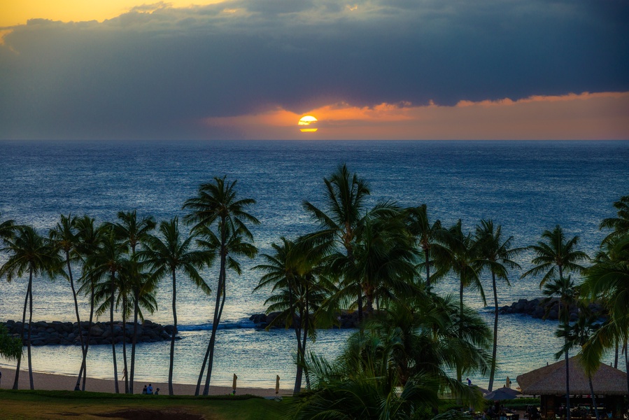 Palm-framed sunset over tranquil waters—a picturesque close to the day.