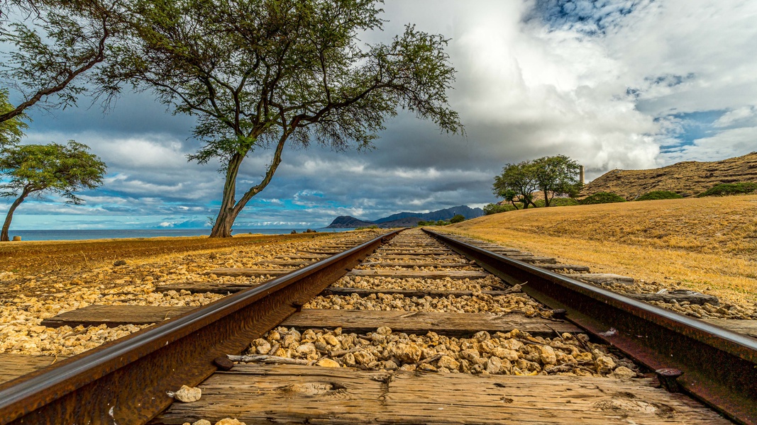 Railroad tracks with a panoramic view.