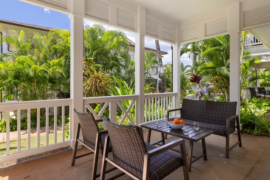 Enjoy morning coffee or evening cocktails surrounded by swaying palms and the scent of plumeria.