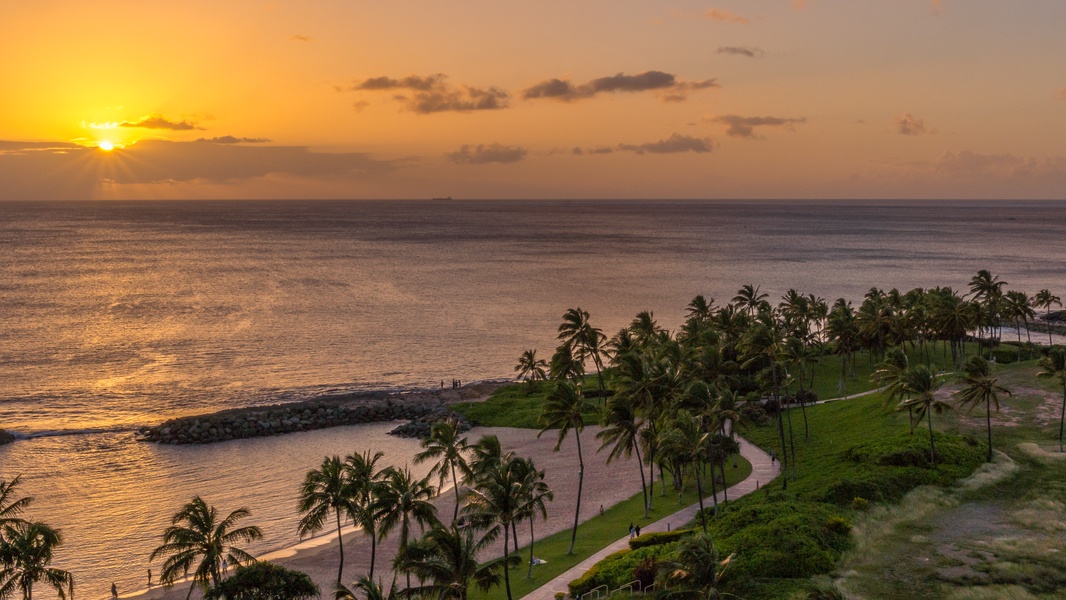 Sunsets and palm trees by the sea.