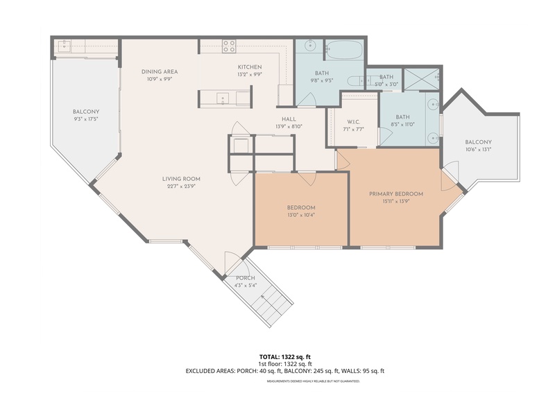 This detailed floor plan showcases your spacious retreat with two bedrooms, two full bathrooms, and open-concept living areas perfect for your stay.
