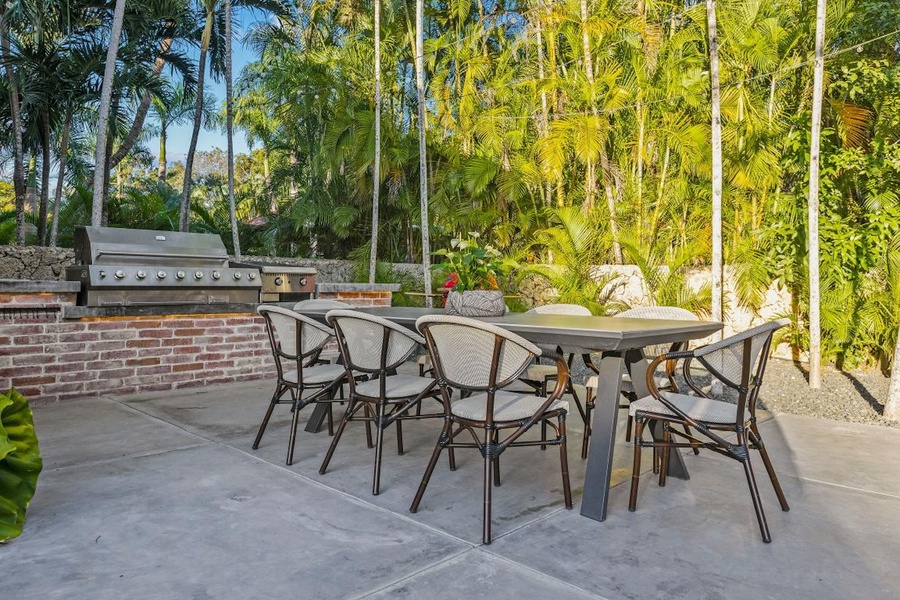 The outdoor dining nook and barbecue area with lush garden views.