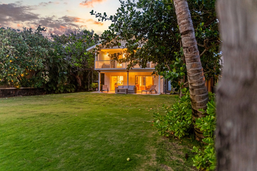 Tropical trees and golden windows wrap the home in cozy island calm.