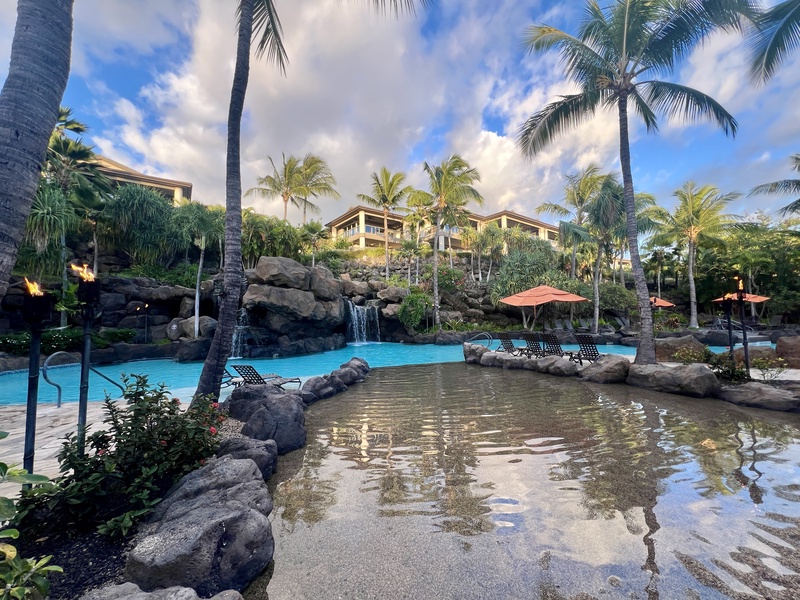 The resort style pool at Ho'olei is stellar with its waterfalls, romantic grotto and tiki torches, dual jacuzzi areas, sandy beach pool for the little ones.