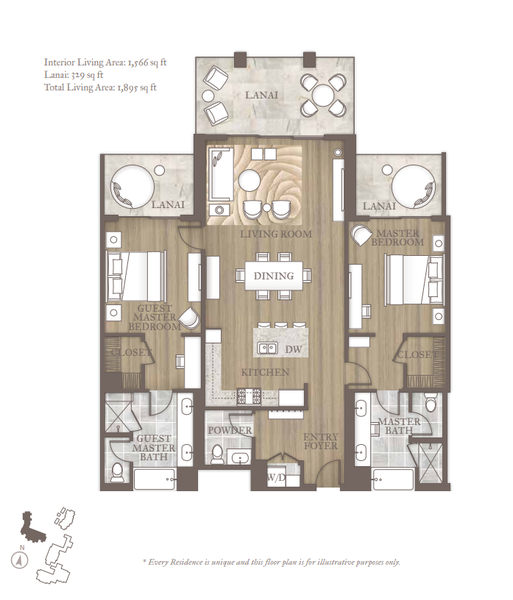Floor plan for the two-bedroom Maliula Superior.