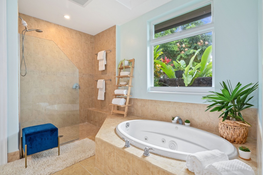 Elegant appointments in the primary with a hot tub and walk-in shower