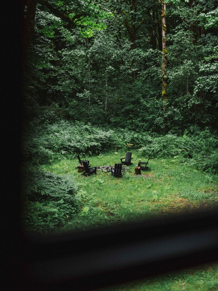 Enjoy peaceful forest views from the cabin, overlooking the private outdoor fire pit area.