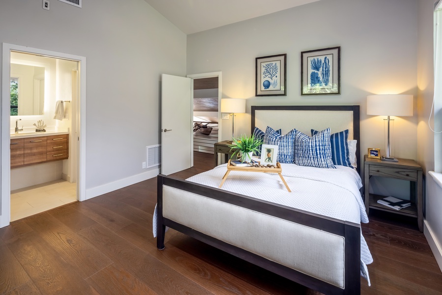 Spacious guest suite with stylish decor, ensuite bath, and a peaceful, private feel.
