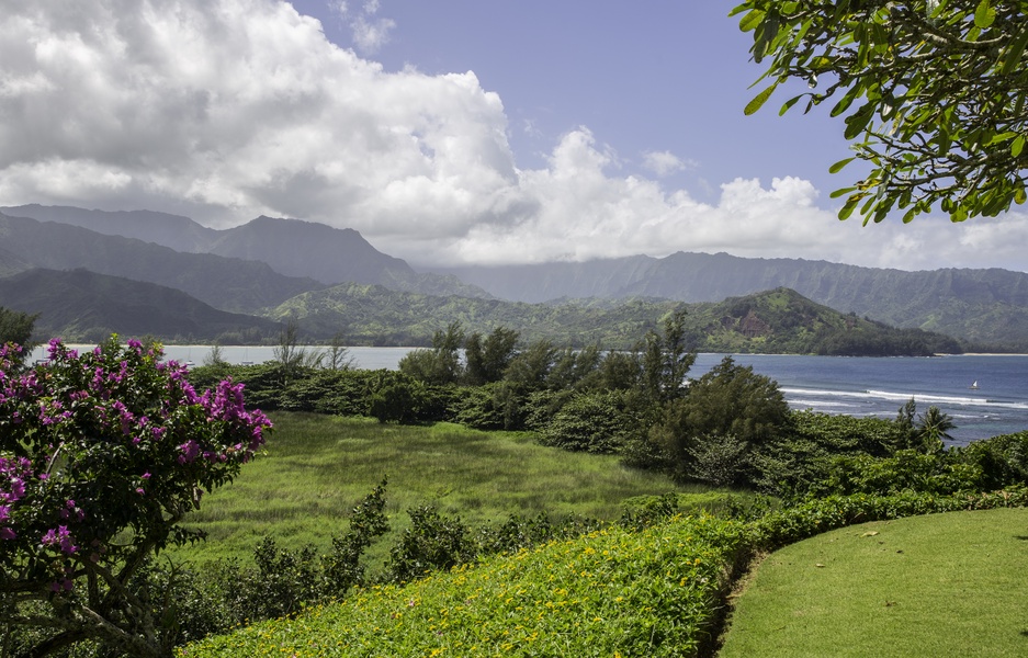 Rolling green fields with mountain and water views nearby.