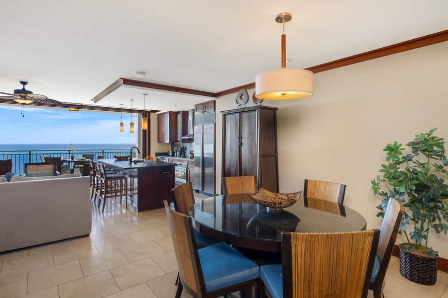 The dining area has dining table for six.