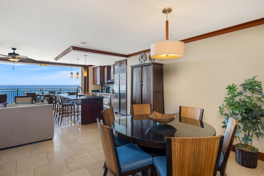 The dining area has dining table for four.