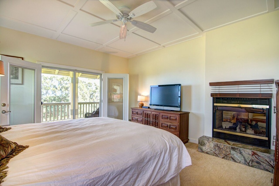 The primary bedroom has a king sized bed, access to the back lanai, TV and fireplace...
