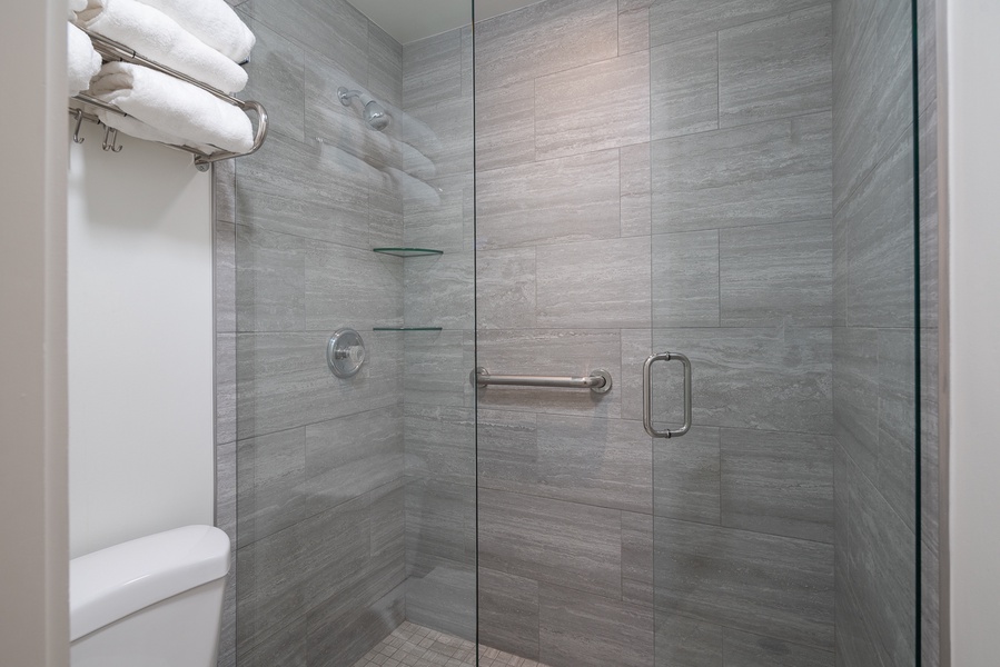 A serene walk-in shower in a glass enclosure, surrounded by cool, textured tiles and modern fixtures.