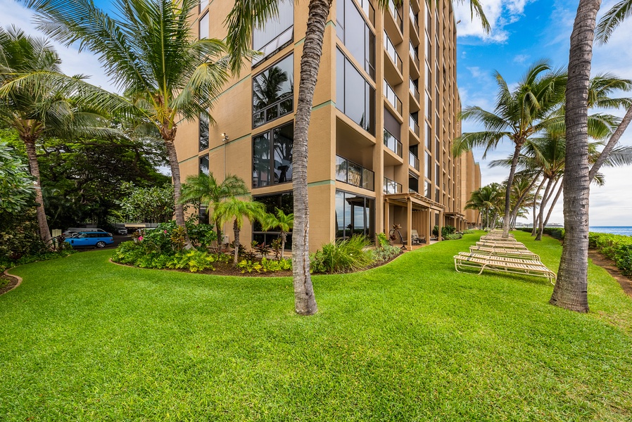 Relax in a lounge chair on the lawn at Mahana 1119 where the waves are just steps away.