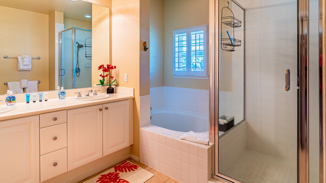 The primary guest bathroom with a walk-in shower and tub combination.