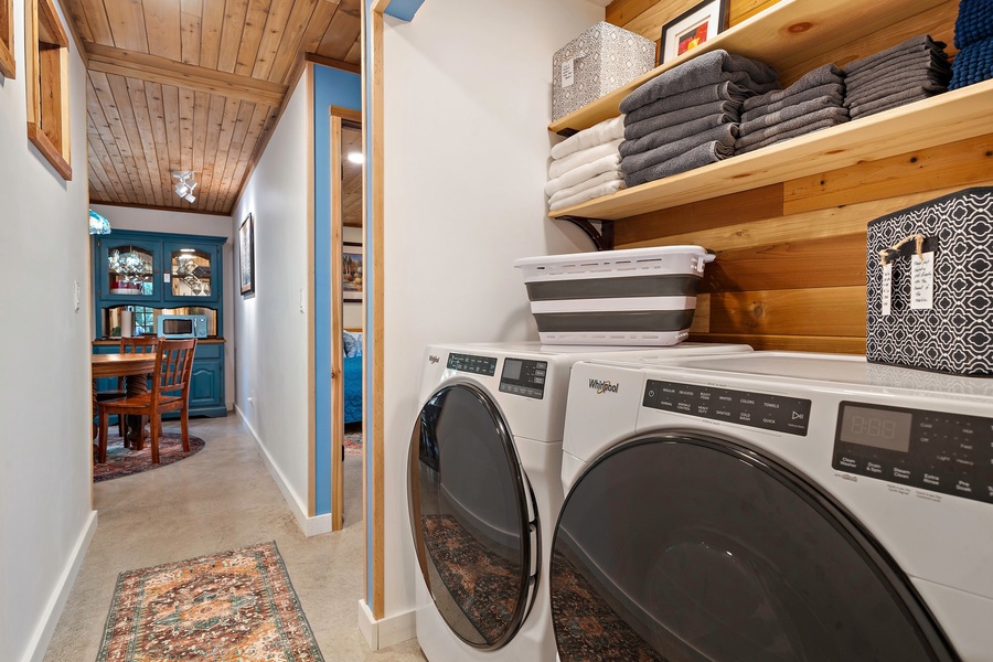 Ample shelving and laundry essentials make keeping things fresh a breeze during your stay.