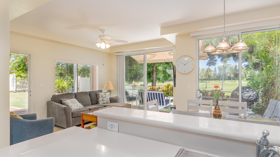 Expansive views from the kitchen, living and dining areas.