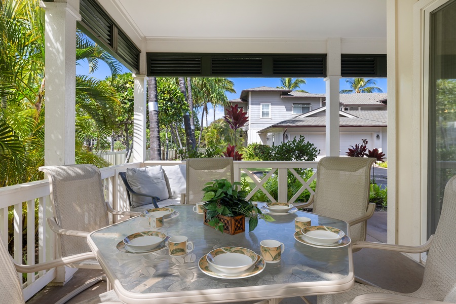 Enjoy peaceful outdoor mornings or evening cocktails on your shaded lanai.